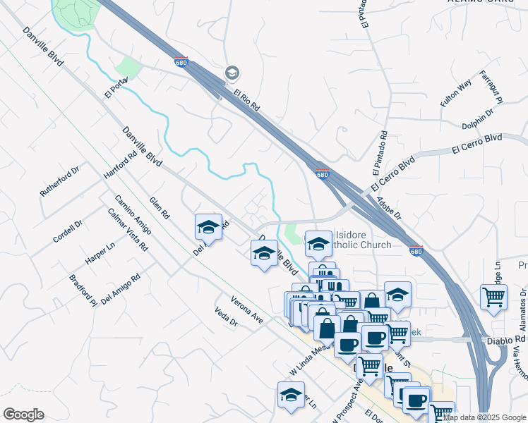 map of restaurants, bars, coffee shops, grocery stores, and more near 212 Garden Creek Place in Danville