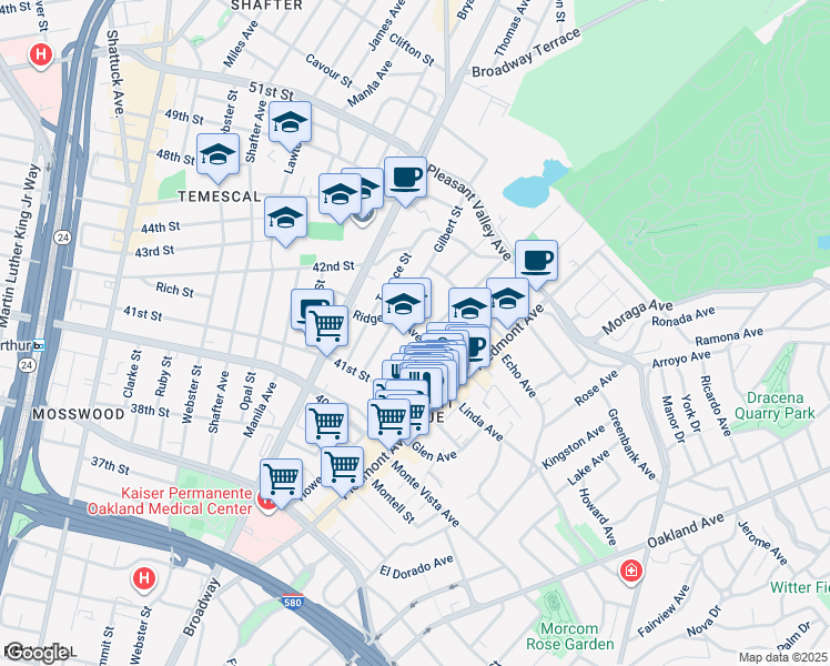 map of restaurants, bars, coffee shops, grocery stores, and more near Ridgeway Avenue in Oakland