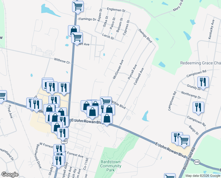 map of restaurants, bars, coffee shops, grocery stores, and more near 198 Kali Ct in Bardstown