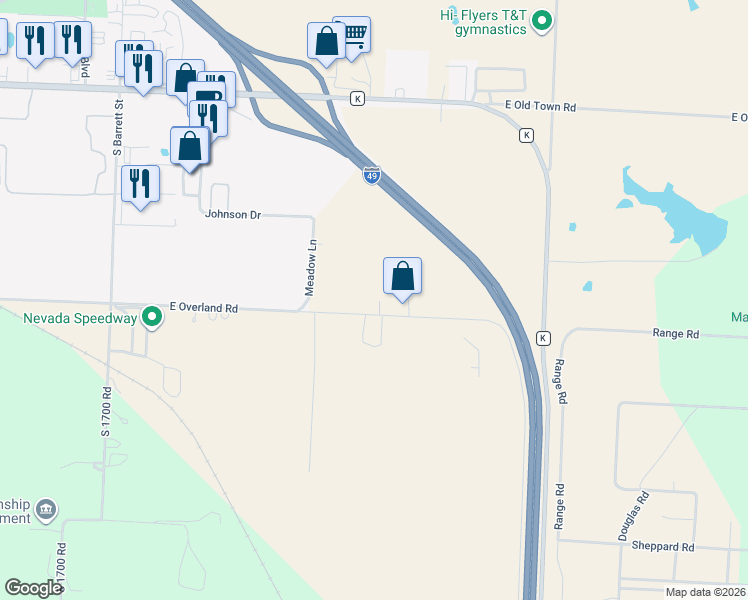 map of restaurants, bars, coffee shops, grocery stores, and more near 17605 East Overland Road in Nevada