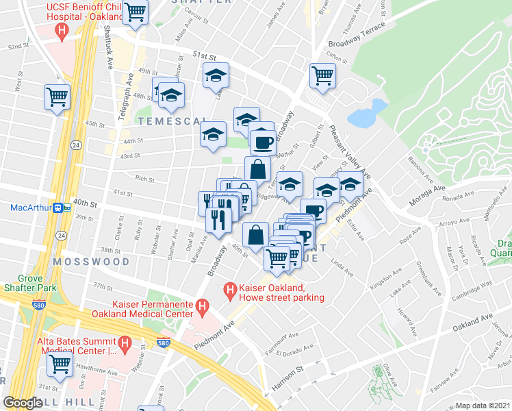 map of restaurants, bars, coffee shops, grocery stores, and more near 4127 Terrace Street in Oakland
