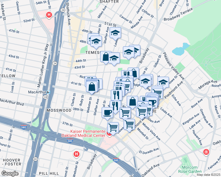 map of restaurants, bars, coffee shops, grocery stores, and more near 4040 Manila Avenue in Oakland