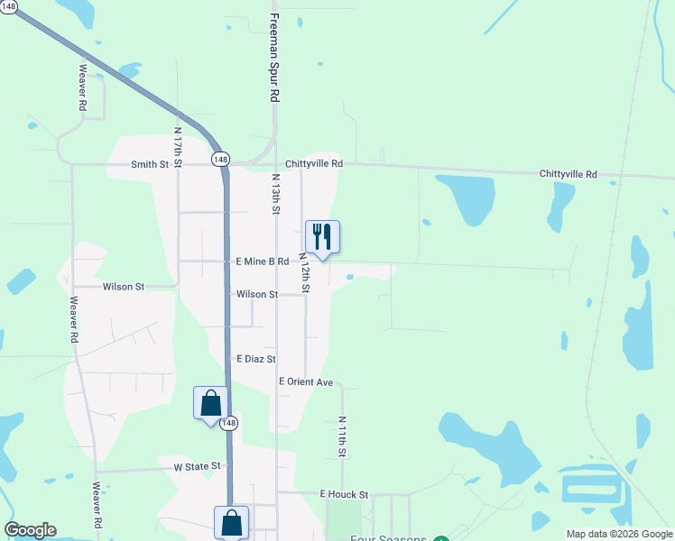 map of restaurants, bars, coffee shops, grocery stores, and more near 504 East Mine B Road in Herrin