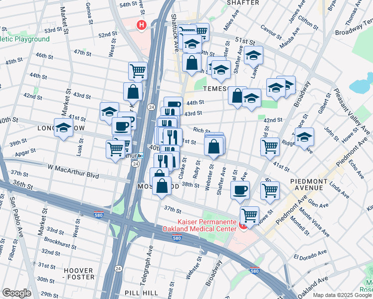 map of restaurants, bars, coffee shops, grocery stores, and more near 482 40th Street in Oakland