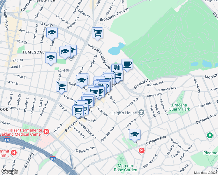 map of restaurants, bars, coffee shops, grocery stores, and more near 4301 Piedmont Avenue in Oakland