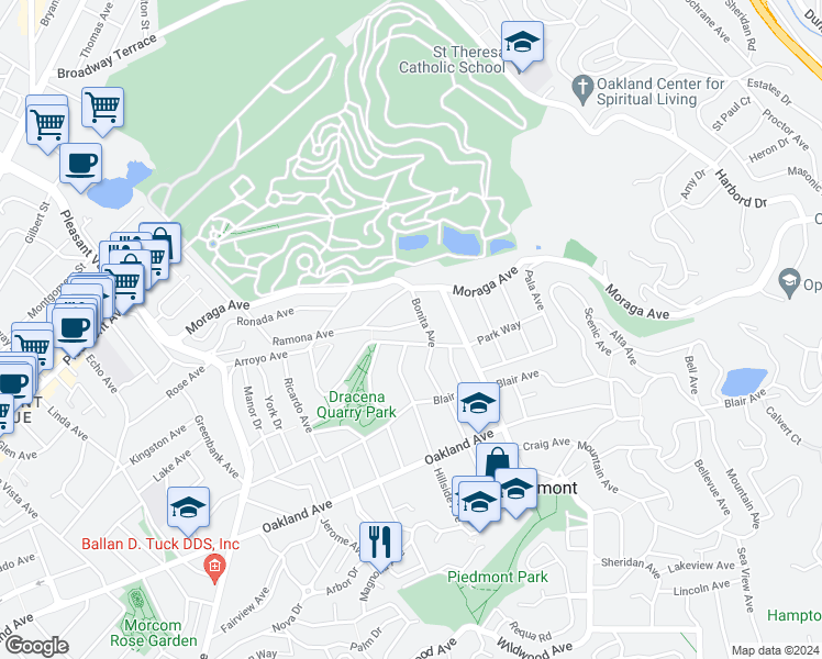 map of restaurants, bars, coffee shops, grocery stores, and more near 330 Ramona Avenue in Piedmont