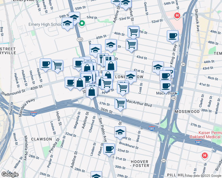 map of restaurants, bars, coffee shops, grocery stores, and more near 1000 39th Street in Oakland