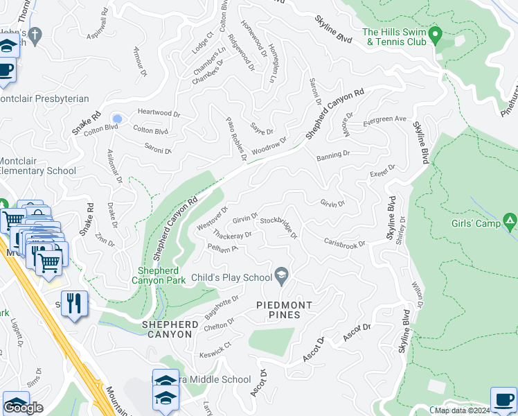 map of restaurants, bars, coffee shops, grocery stores, and more near 6335 Girvin Drive in Oakland