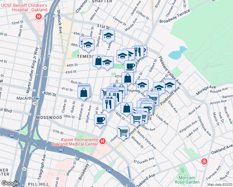 map of restaurants, bars, coffee shops, grocery stores, and more near 4160 Emerald Street in Oakland