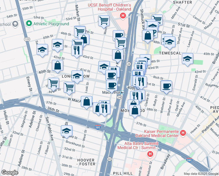 map of restaurants, bars, coffee shops, grocery stores, and more near 710 40th Street in Oakland