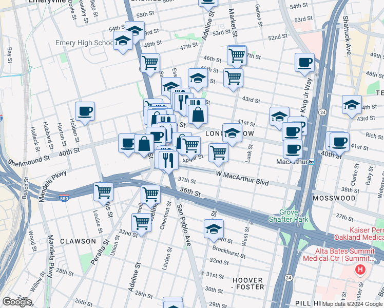 map of restaurants, bars, coffee shops, grocery stores, and more near 1000 39th Street in Oakland