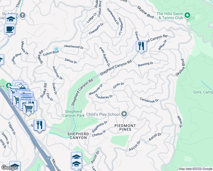 map of restaurants, bars, coffee shops, grocery stores, and more near 6210 Westover Drive in Oakland