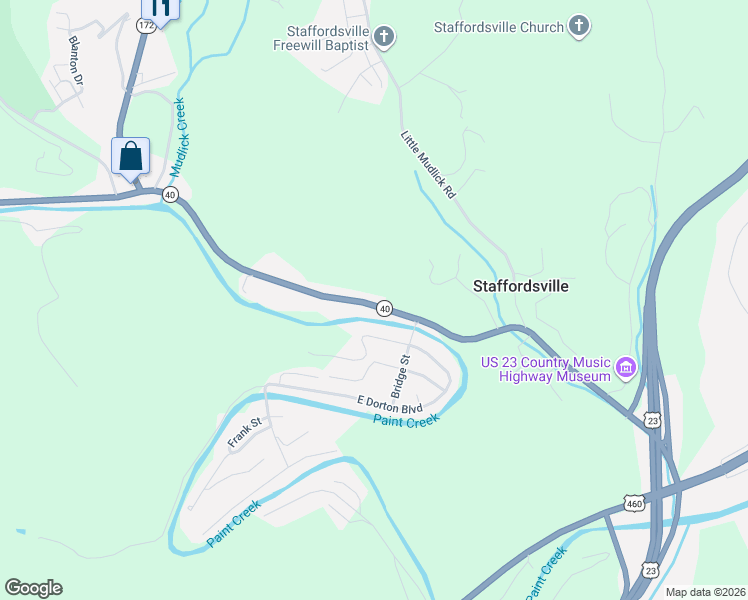 map of restaurants, bars, coffee shops, grocery stores, and more near 1621 Highway 40 in Staffordsville