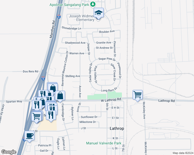 map of restaurants, bars, coffee shops, grocery stores, and more near 14522 Pine Valley Drive in Lathrop