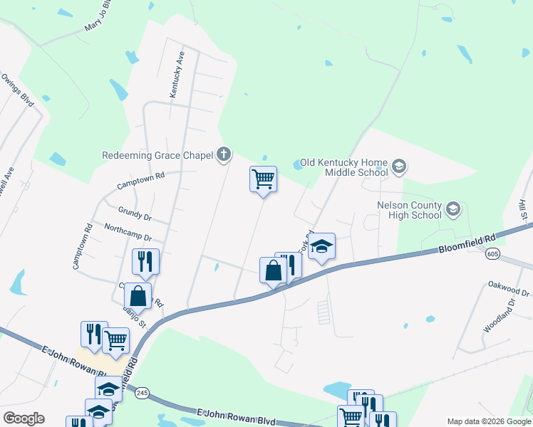 map of restaurants, bars, coffee shops, grocery stores, and more near 5501 Buchanan Boulevard in Bardstown