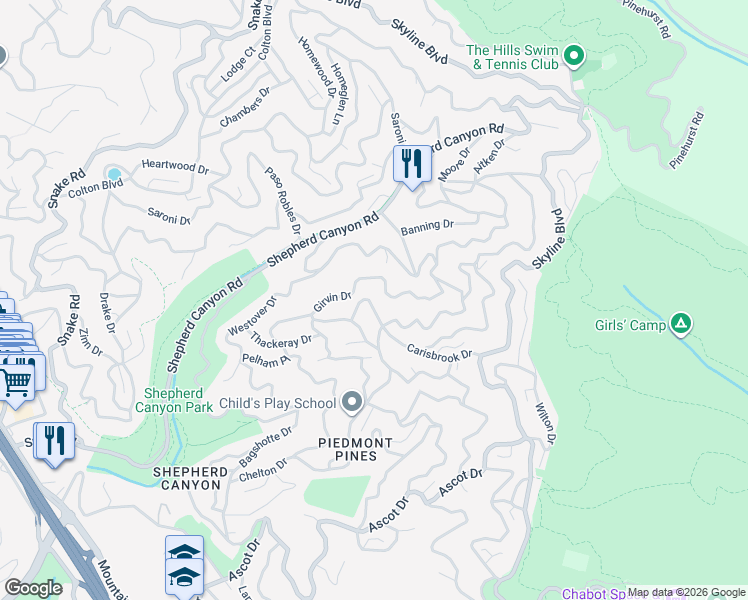 map of restaurants, bars, coffee shops, grocery stores, and more near 2560 Carisbrook Drive in Oakland