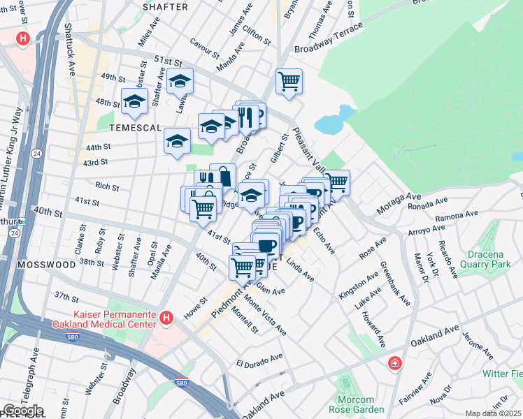 map of restaurants, bars, coffee shops, grocery stores, and more near 4216 Gilbert Street in Oakland