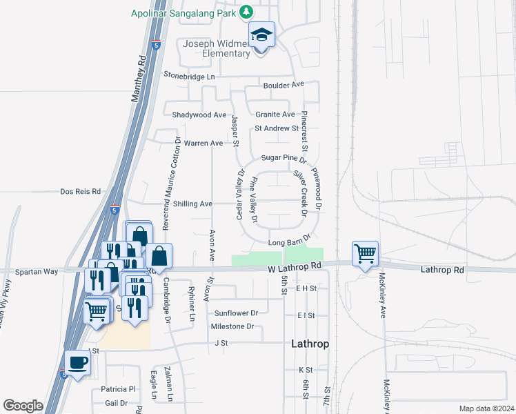map of restaurants, bars, coffee shops, grocery stores, and more near 14522 Pine Valley Drive in Lathrop