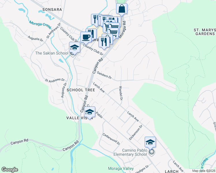 map of restaurants, bars, coffee shops, grocery stores, and more near 6 Sparrow Court in Moraga