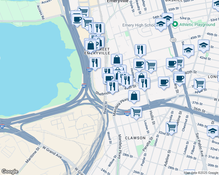 map of restaurants, bars, coffee shops, grocery stores, and more near 1555 Park Avenue in Emeryville
