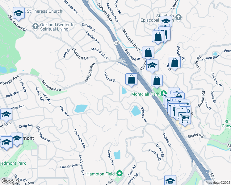 map of restaurants, bars, coffee shops, grocery stores, and more near 6015 Estates Drive in Piedmont