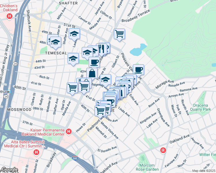 map of restaurants, bars, coffee shops, grocery stores, and more near 4216 Gilbert Street in Oakland