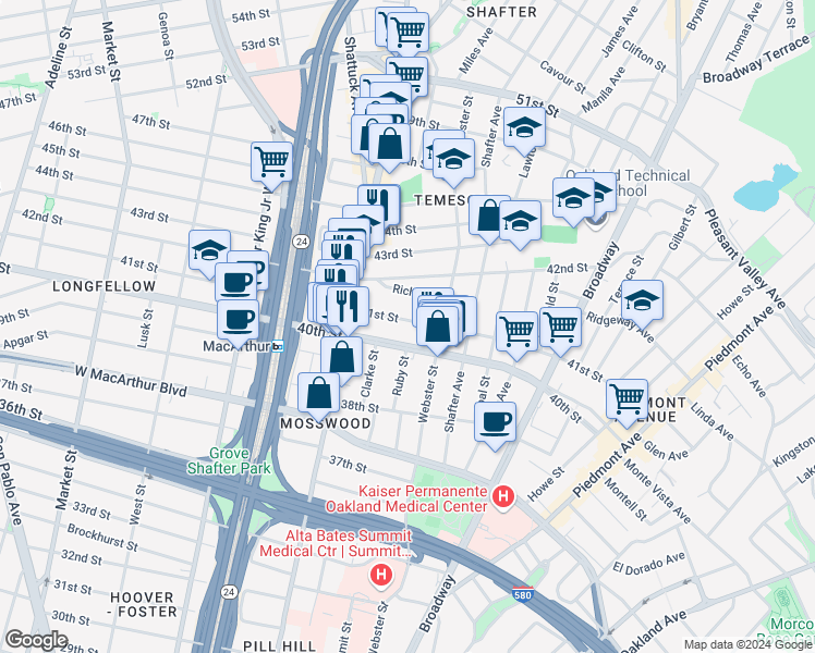 map of restaurants, bars, coffee shops, grocery stores, and more near 466 41st Street in Oakland