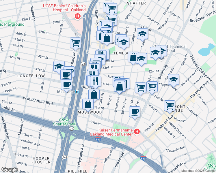map of restaurants, bars, coffee shops, grocery stores, and more near 466 41st Street in Oakland