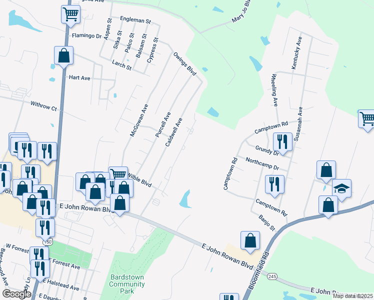 map of restaurants, bars, coffee shops, grocery stores, and more near 123 Ashberry Drive in Bardstown