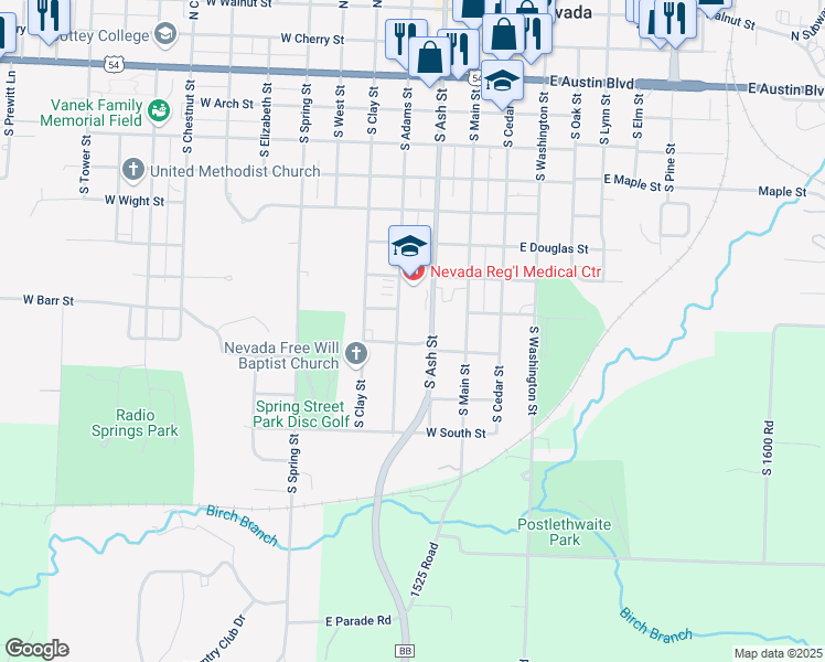 map of restaurants, bars, coffee shops, grocery stores, and more near 800 South Ash Street in Nevada