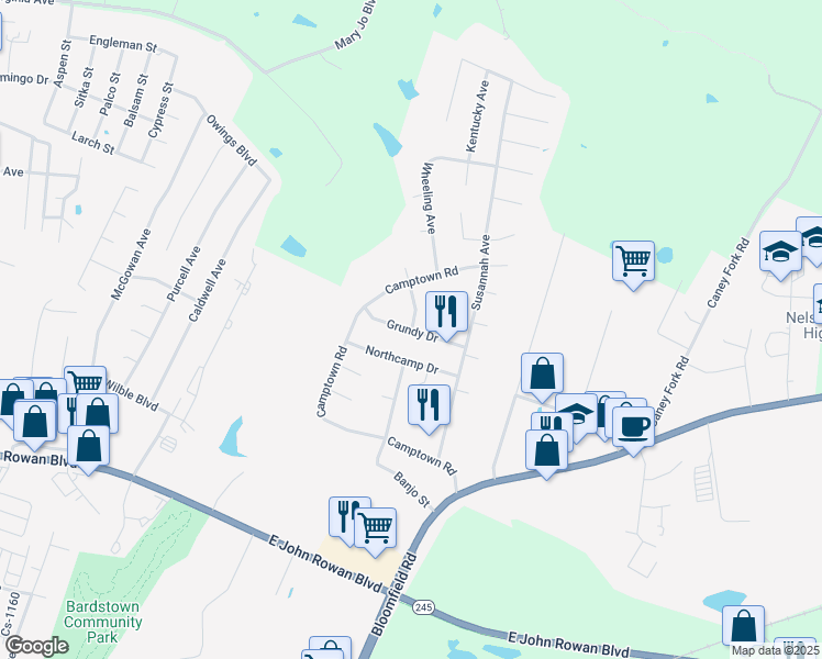 map of restaurants, bars, coffee shops, grocery stores, and more near Grundy Drive in Bardstown