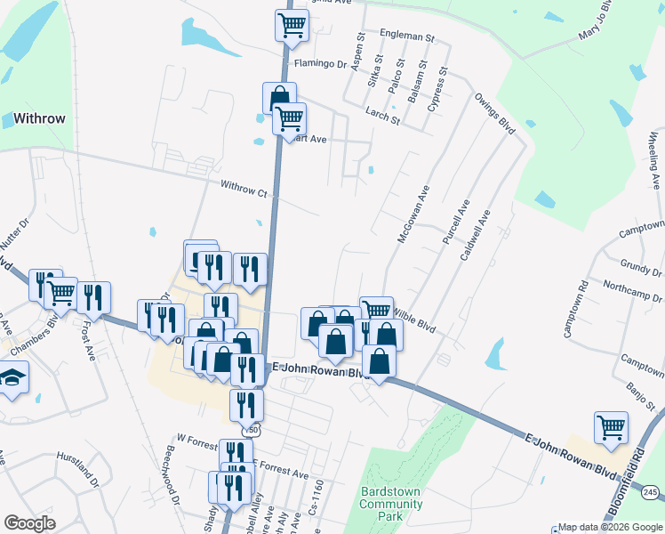 map of restaurants, bars, coffee shops, grocery stores, and more near 900-998 Woods Run Road in Bardstown