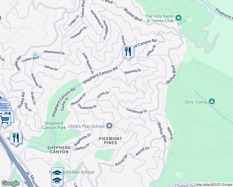 map of restaurants, bars, coffee shops, grocery stores, and more near 2560 Carisbrook Drive in Oakland