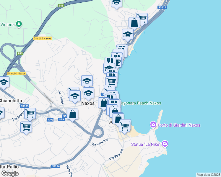 map of restaurants, bars, coffee shops, grocery stores, and more near 20 Via Naxos in Giardini Naxos