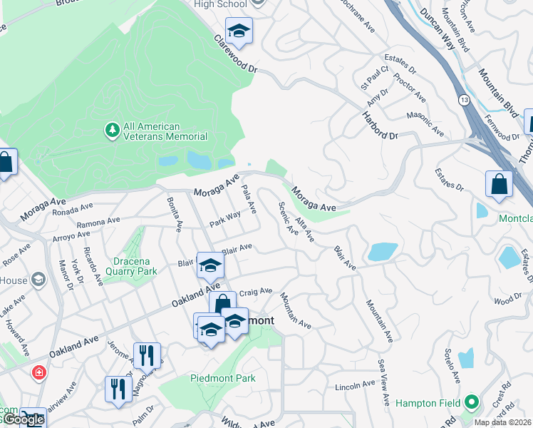 map of restaurants, bars, coffee shops, grocery stores, and more near 211 Scenic Avenue in Piedmont