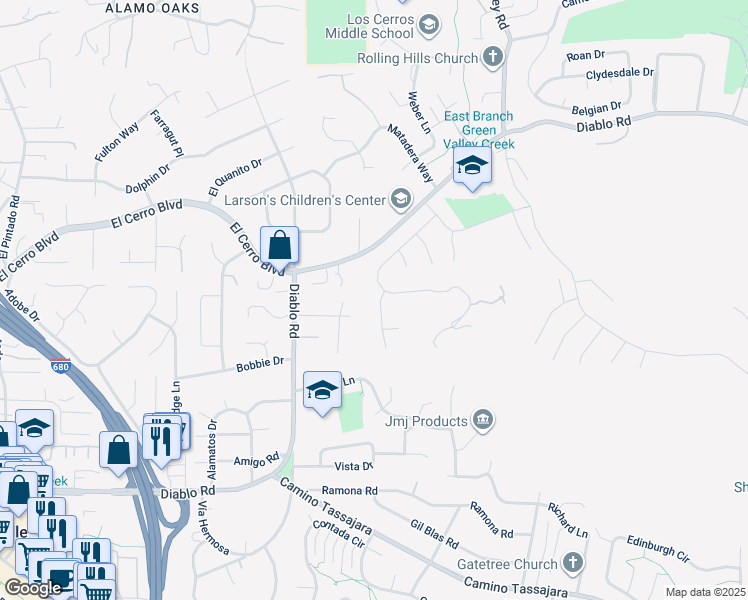 map of restaurants, bars, coffee shops, grocery stores, and more near 34 Willowview Court in Danville