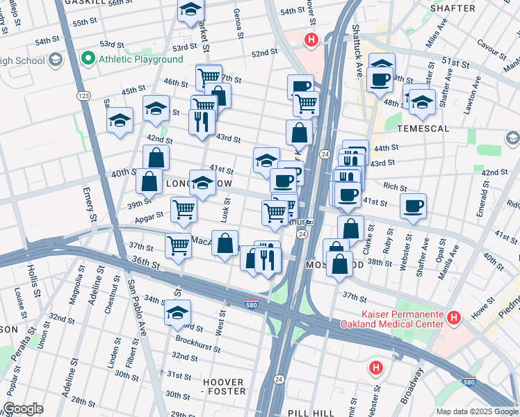 map of restaurants, bars, coffee shops, grocery stores, and more near 712 39th Street in Oakland