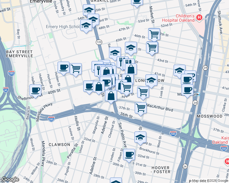 map of restaurants, bars, coffee shops, grocery stores, and more near 3908 Adeline Street in Emeryville
