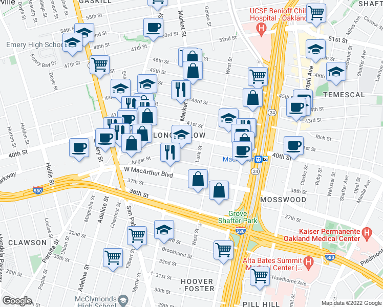 map of restaurants, bars, coffee shops, grocery stores, and more near 3877 Lusk Street in Oakland