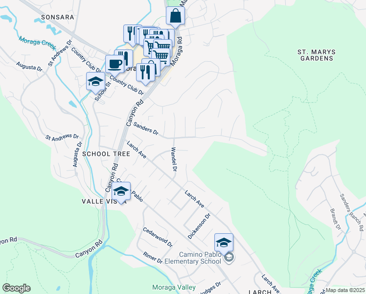 map of restaurants, bars, coffee shops, grocery stores, and more near 23 Ross Drive in Moraga