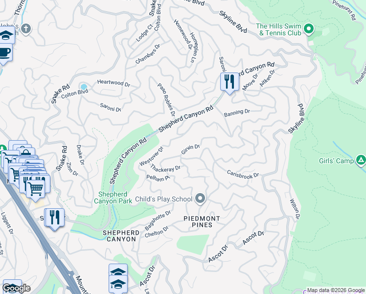 map of restaurants, bars, coffee shops, grocery stores, and more near 6335 Girvin Drive in Oakland