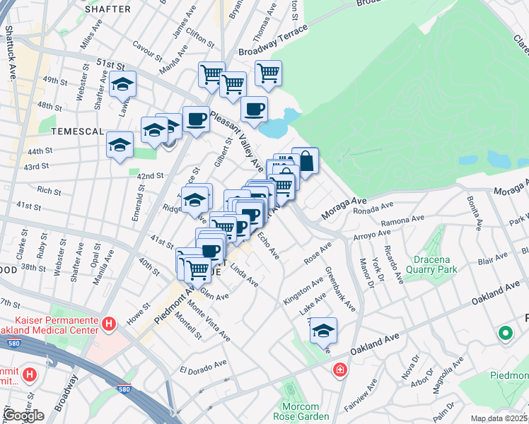 map of restaurants, bars, coffee shops, grocery stores, and more near 4341 Piedmont Avenue in Oakland