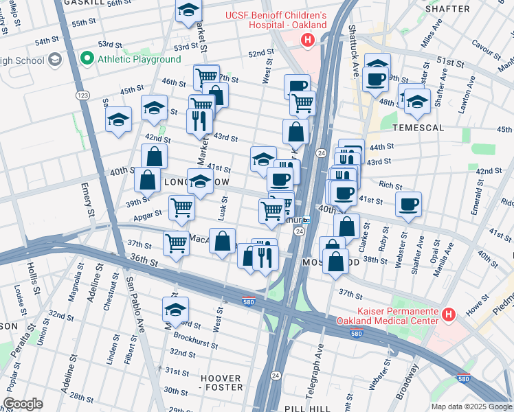 map of restaurants, bars, coffee shops, grocery stores, and more near 712 39th Street in Oakland