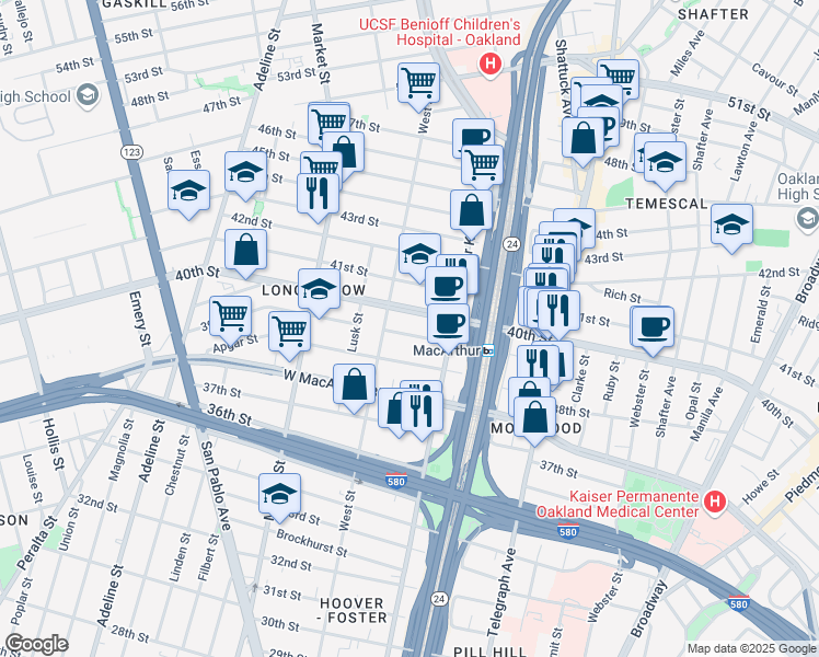 map of restaurants, bars, coffee shops, grocery stores, and more near 712 39th Street in Oakland