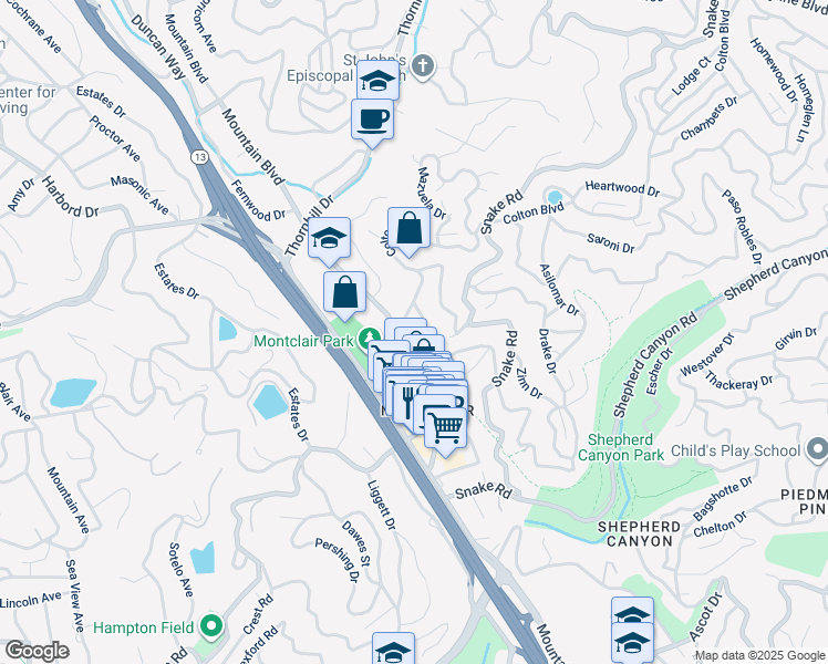 map of restaurants, bars, coffee shops, grocery stores, and more near 1880 Mountain Boulevard in Oakland