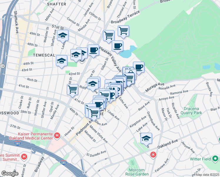map of restaurants, bars, coffee shops, grocery stores, and more near 190 John Street in Oakland