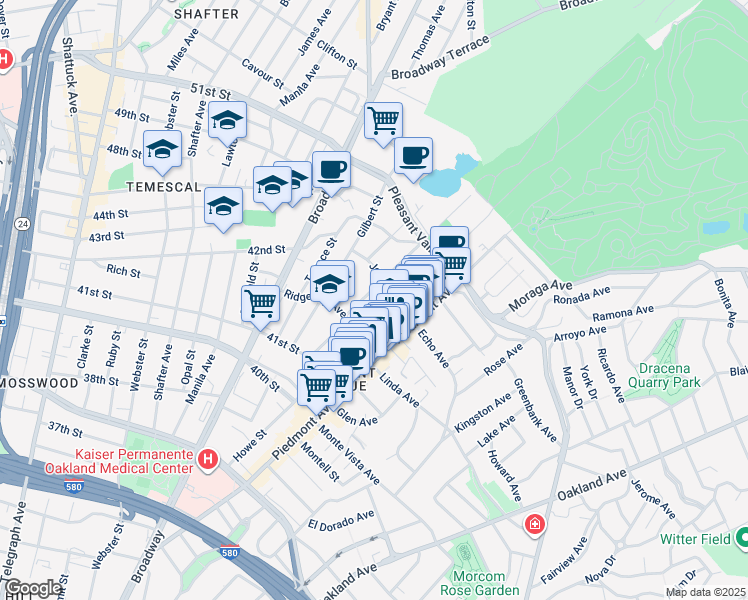 map of restaurants, bars, coffee shops, grocery stores, and more near 4237 Montgomery Street in Oakland