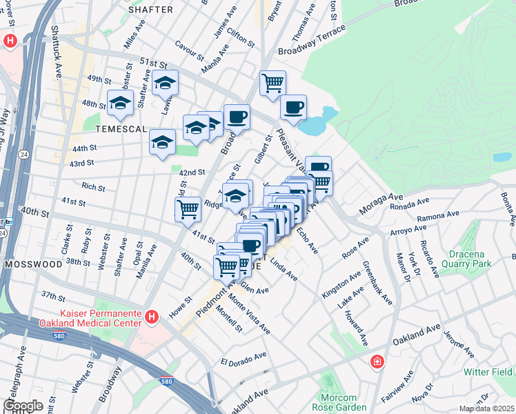 map of restaurants, bars, coffee shops, grocery stores, and more near 4237 Montgomery Street in Oakland