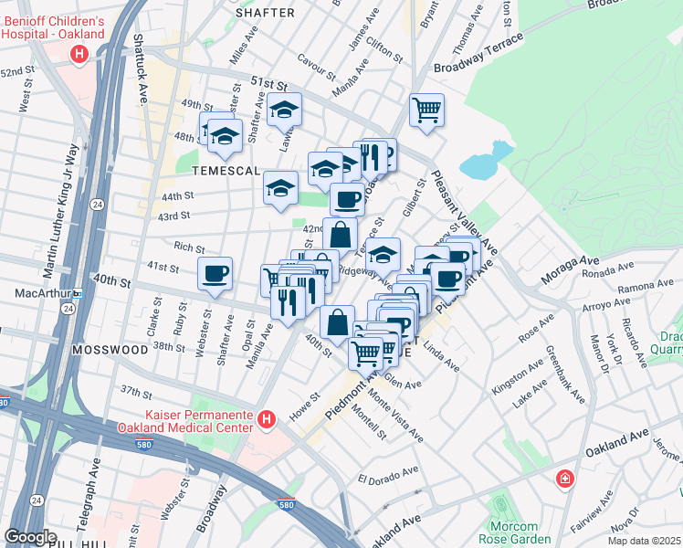 map of restaurants, bars, coffee shops, grocery stores, and more near in Oakland