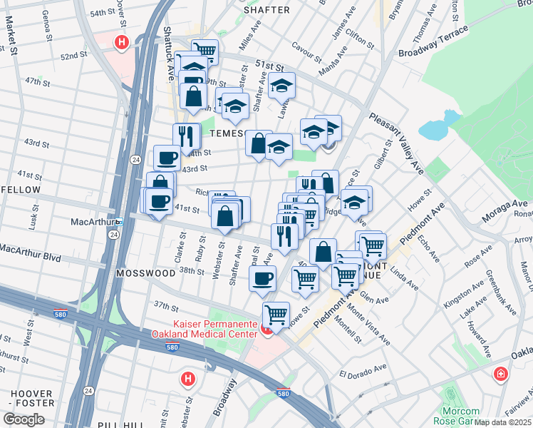 map of restaurants, bars, coffee shops, grocery stores, and more near 4164 Shafter Avenue in Oakland